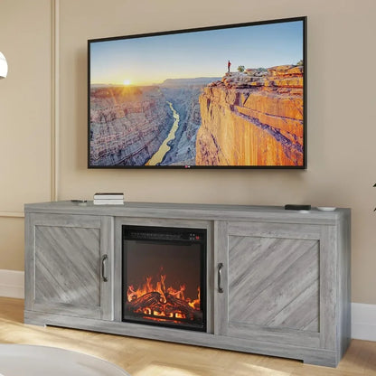 Modern 58" Farmhouse TV Stand with 18" Electric Fireplace Heater & Media Entertainment Center for TV up to 65"，(Grey Wash)