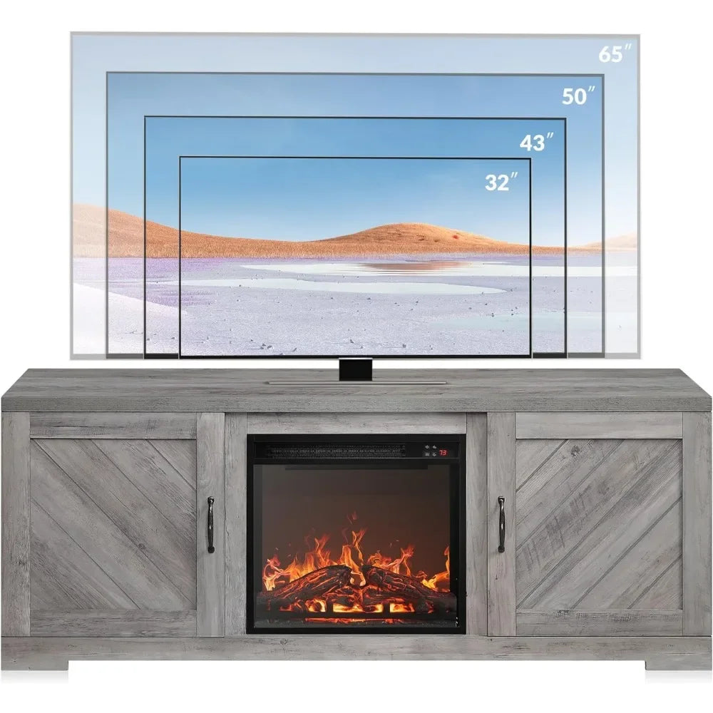 Modern 58" Farmhouse TV Stand with 18" Electric Fireplace Heater & Media Entertainment Center for TV up to 65"，(Grey Wash)