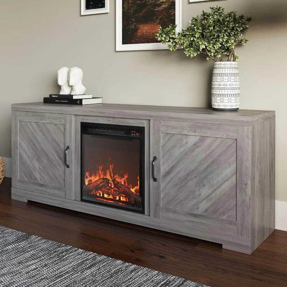 Modern 58" Farmhouse TV Stand with 18" Electric Fireplace Heater & Media Entertainment Center for TV up to 65"，(Grey Wash)