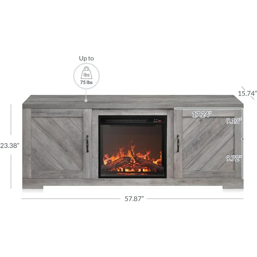 Modern 58" Farmhouse TV Stand with 18" Electric Fireplace Heater & Media Entertainment Center for TV up to 65"，(Grey Wash)